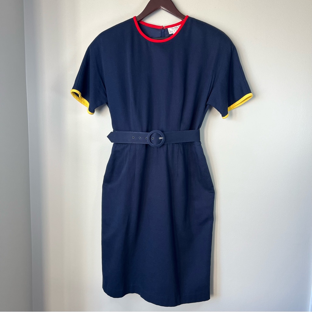 Vtg Talbots Womens 10p Elegant Navy A-Line Dress Yellow Red Accents Retro Mod